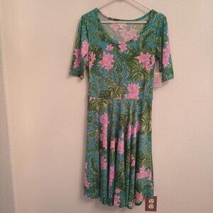 LULAROE DRESS NICOLE TURQUOISE PINK GREEN FLORAL ELBOW SLEEVES FIT FLARE SIZE L